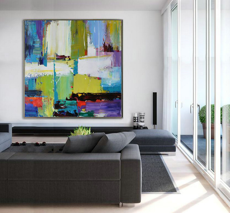 Handmade Large Contemporary Art,Oversized Palette Knife Painting Contemporary Art On Canvas,Extra Large Canvas Art,Handmade Acrylic Painting,Green,Yellow,White,Purple,Blue,Red.etc
